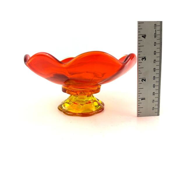 VTG Amberina Glass Footed Orange Yellow Ruffle Candy Dish Taper Candle Holder - Picture 3 of 11